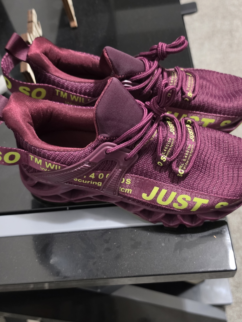 Maroon Knit Lace-Up Sneakers with Lime Text Accent